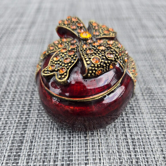 Red Vintage Amber Jeweled Oval Trinket Box Bow  Magnetic Closure - Picture 3 of 11